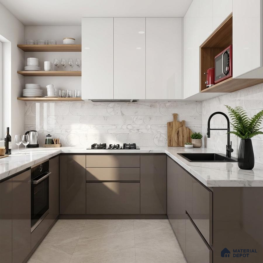 Modern dual tone kitchen with glossy white and taupe laminate, marble-look backsplash tile, and white quartz countertop