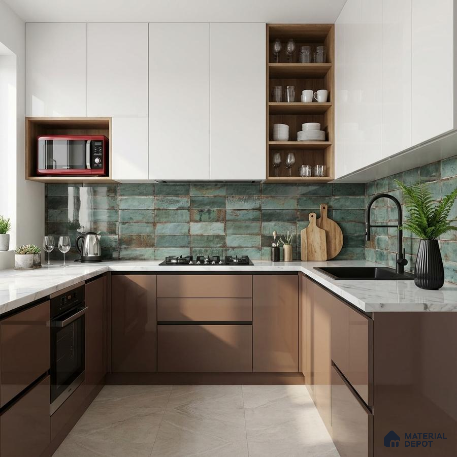 Modern kitchen with glossy brown laminate, white laminate, quartz countertop, and rustic green subway backsplash tile