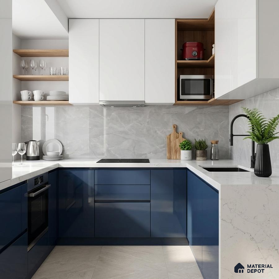 Modern U-shaped kitchen with navy blue high gloss laminate, frosty white laminate, and grey marble backsplash