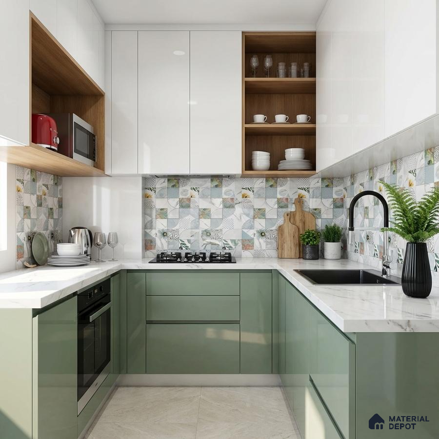 Modern dual tone kitchen with sage green laminate, white high gloss laminate, and patterned backsplash tiles