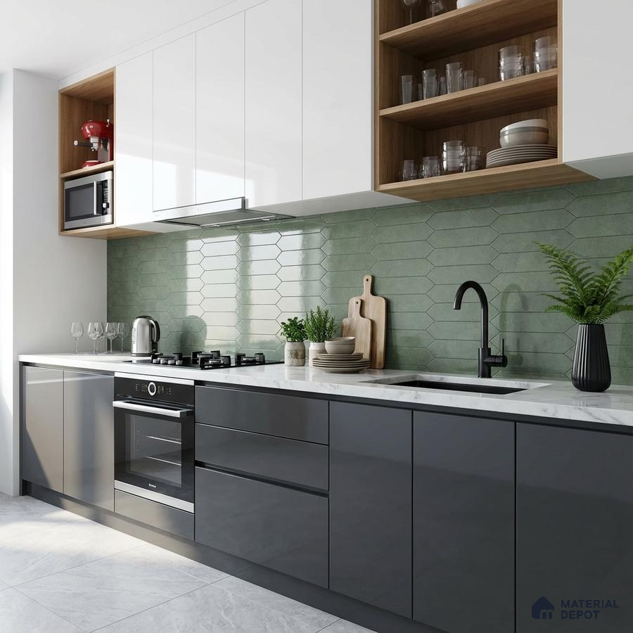 Modern kitchen with sage green geometric backsplash tile, white quartz countertop, and dual tone laminate cabinets