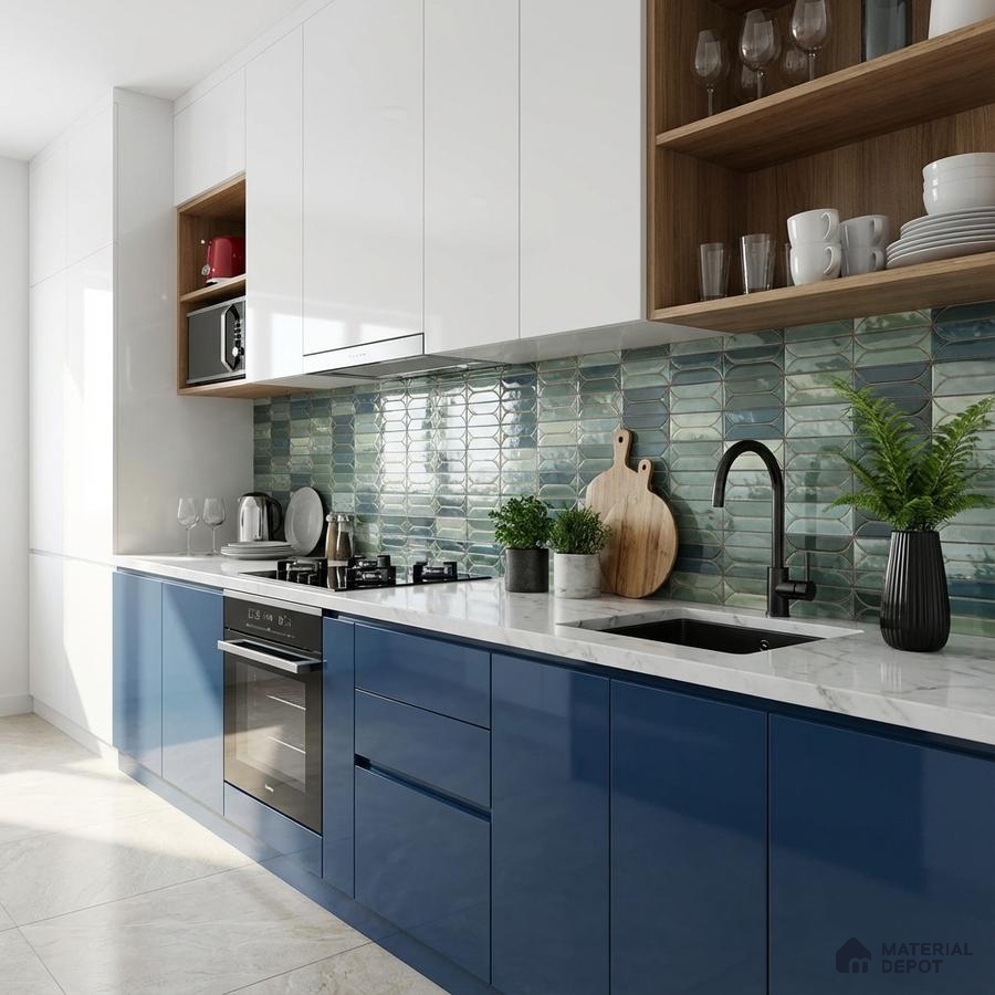 Modern kitchen with blue and white high gloss laminate, white quartz countertop, and green geometric backsplash tile
