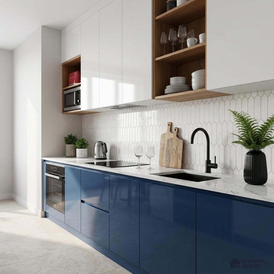Modern kitchen with blue high gloss laminate, white quartz countertop, and geometric white backsplash tile