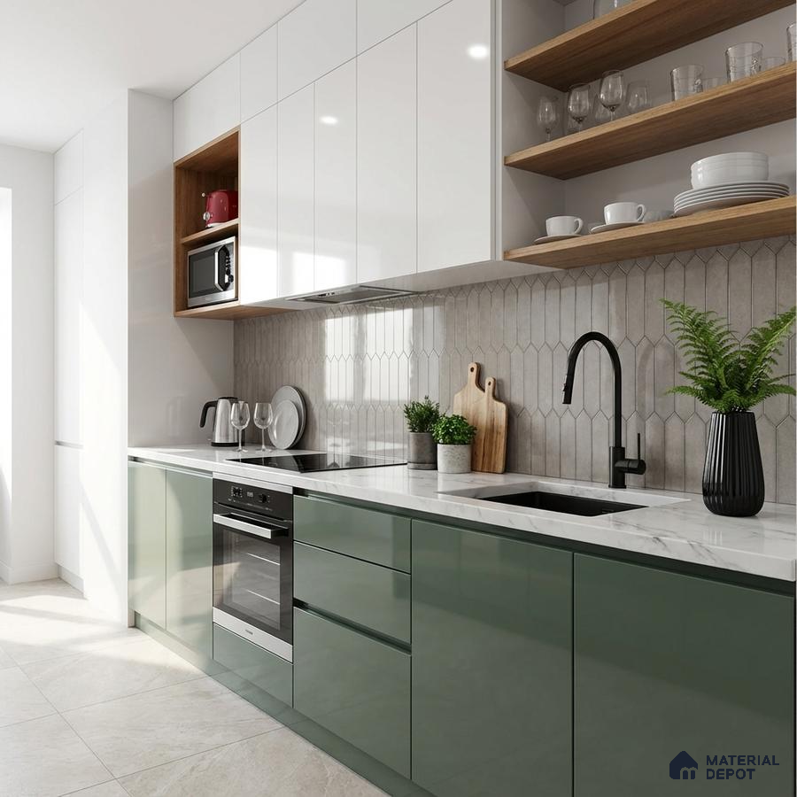 Modern kitchen with sage green and white high gloss laminate, quartz countertop, and geometric beige backsplash tile