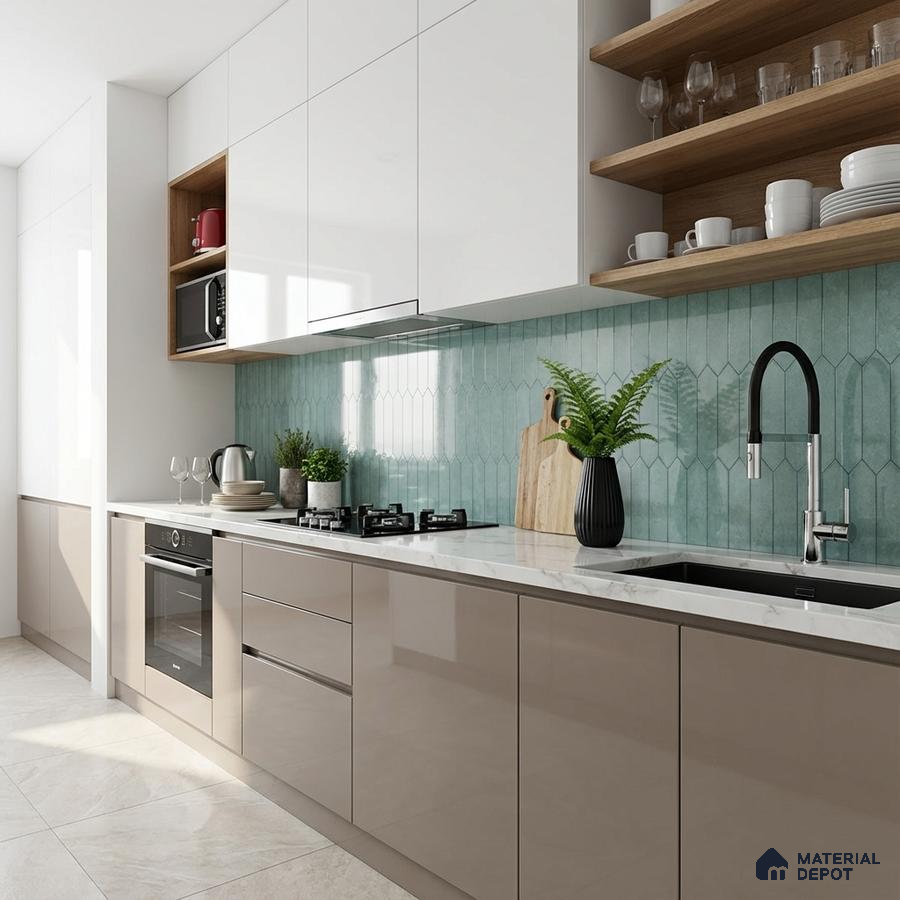 Modern kitchen with glossy beige and white laminate, aqua geometric backsplash tile, and quartz countertop