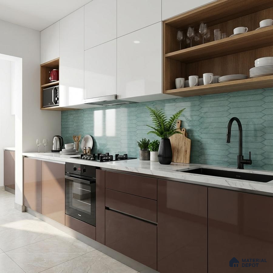 Modern kitchen with glossy brown laminate, white laminate, and aqua geometric backsplash tile