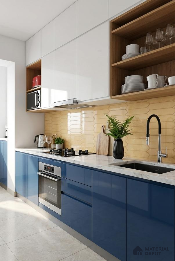Modern kitchen with blue high gloss laminate, white quartz countertop, and yellow geometric backsplash tile
