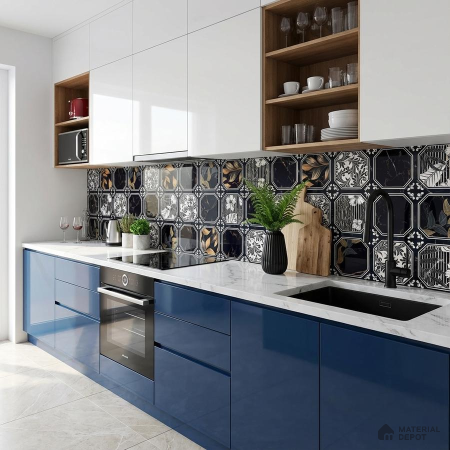 Modern kitchen with blue high gloss laminate, white quartz countertop, and black patterned backsplash tiles
