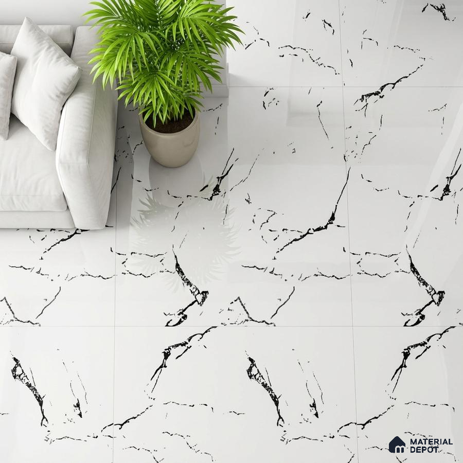 Modern living room with white marble-look floor tiles and minimal sofa
