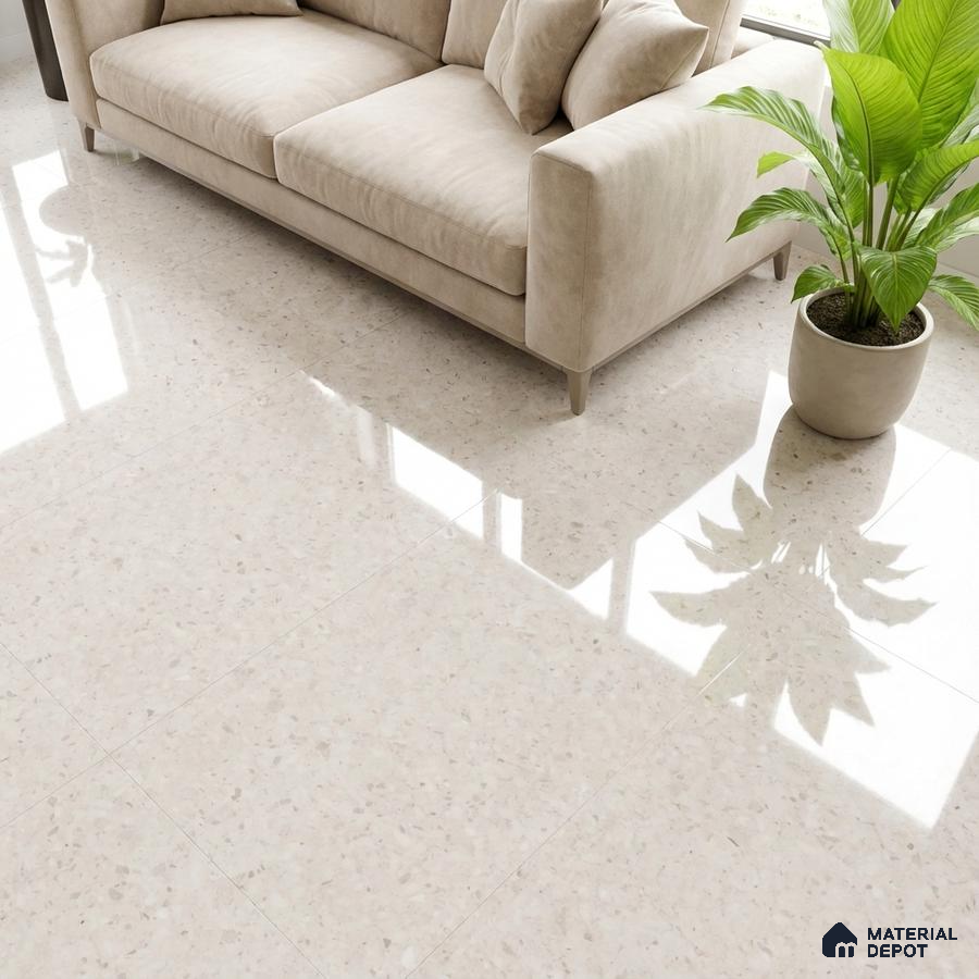 Minimalist living room with beige suede sofa and polished ivory marble floor tiles