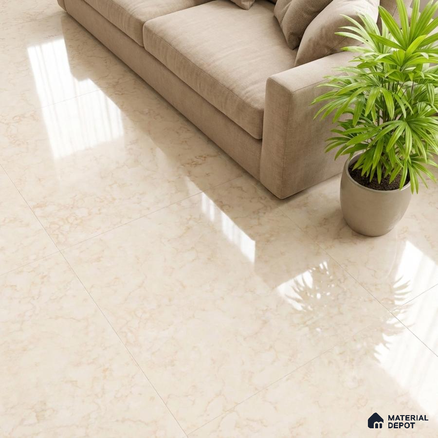 Modern living room with beige marble-look glossy floor tiles and neutral fabric sofa