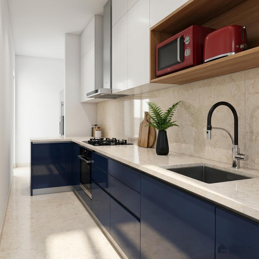 Modern kitchen with navy blue high gloss laminate, frosty white laminate, and beige marble backsplash