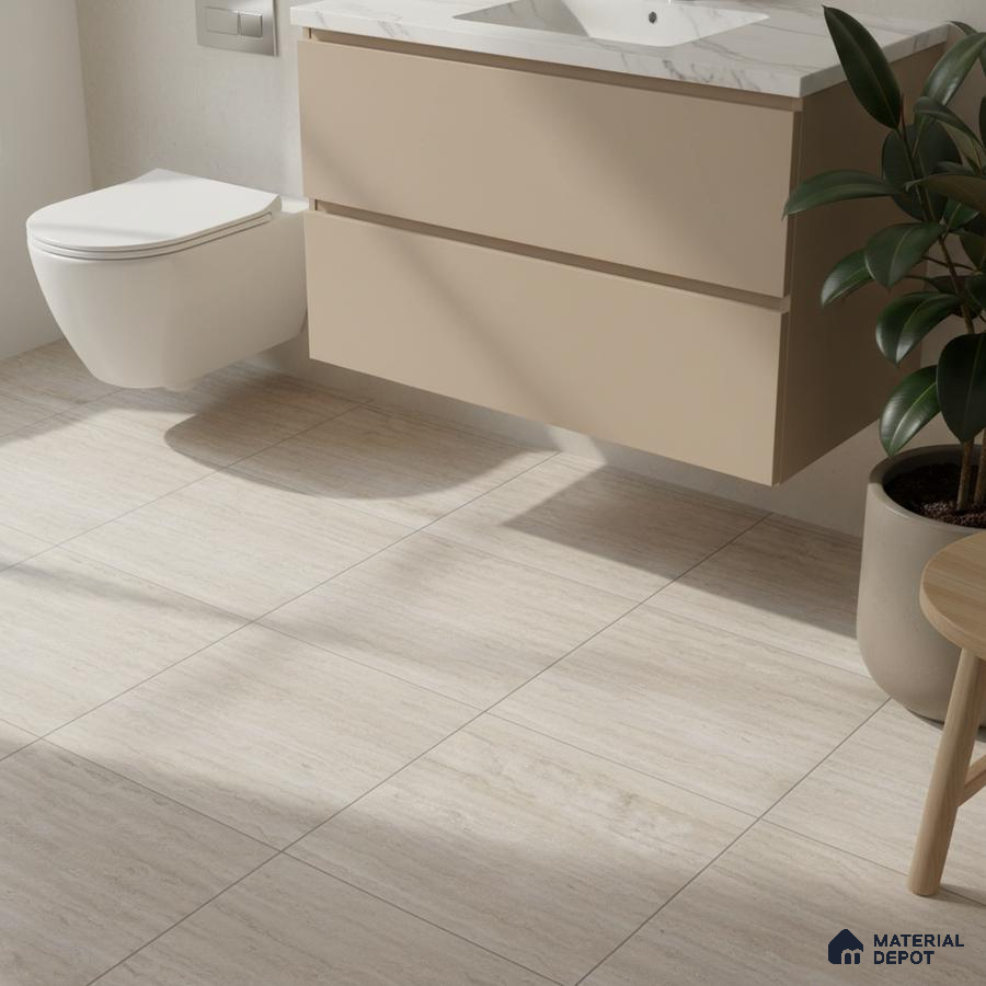 Minimalist bathroom with beige matte laminate vanity and light travertine-look floor tiles