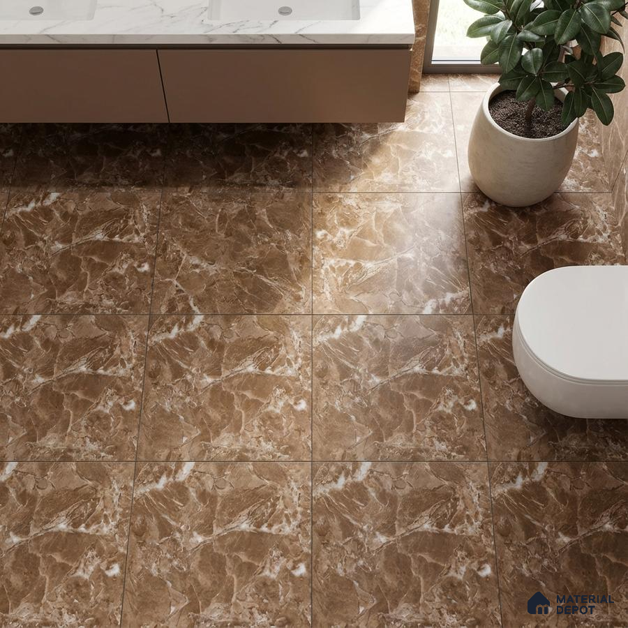 Modern bathroom with brown marble floor tiles and white marble countertop vanity
