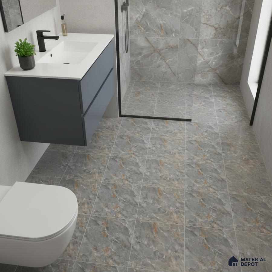 Modern bathroom with grey marble-look tiles and matte blue vanity