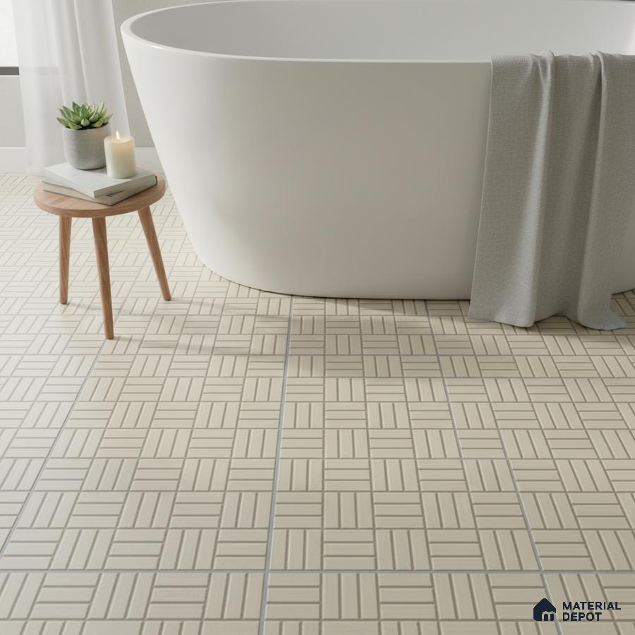 Minimalist bathroom with geometric beige floor tiles and freestanding tub