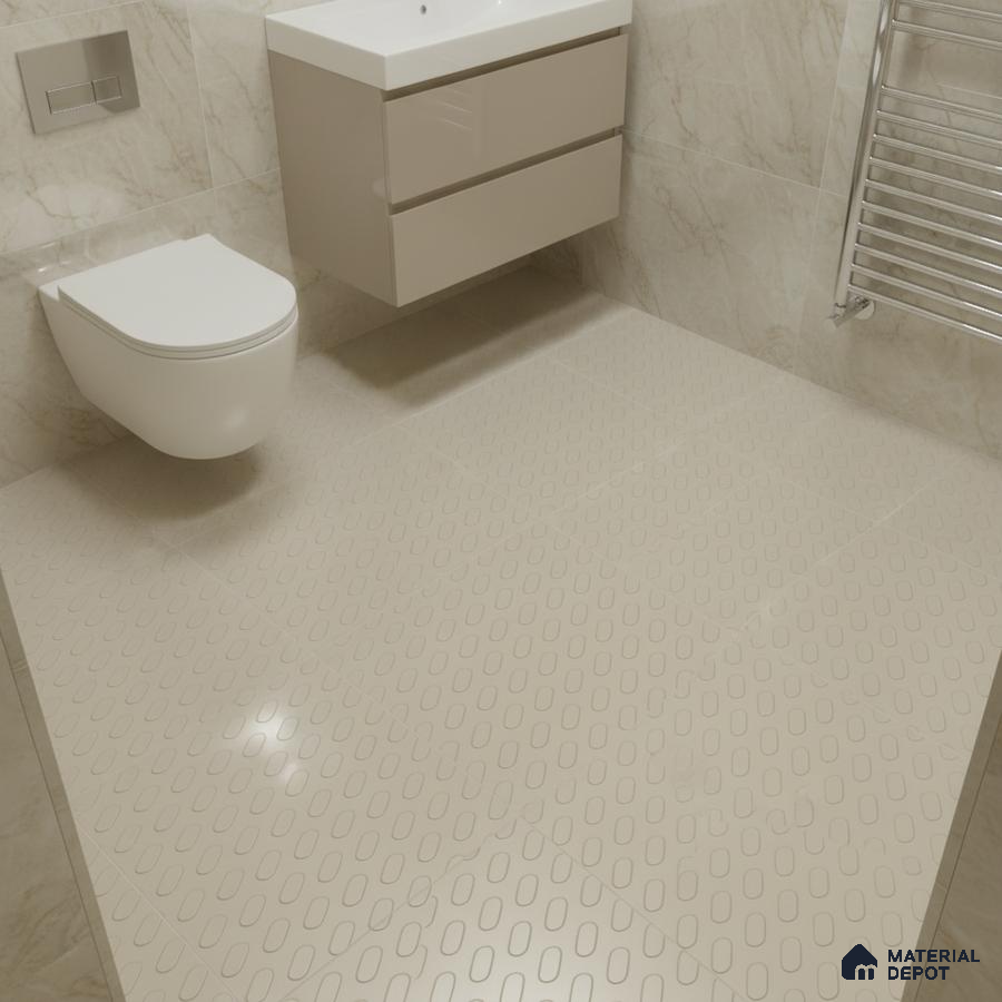 Modern bathroom with beige marble wall tiles and anti-skid patterned beige floor tiles