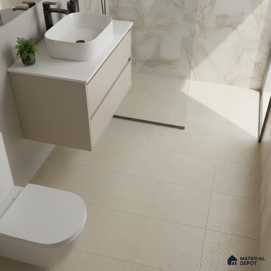 Modern bathroom with beige anti-skid floor tiles and marble-look wall tiles