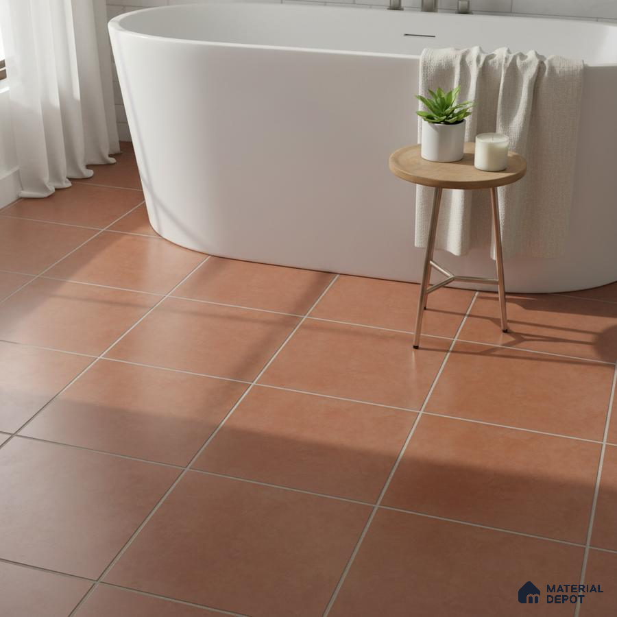 Minimalist bathroom with terracotta matte floor tiles and freestanding tub