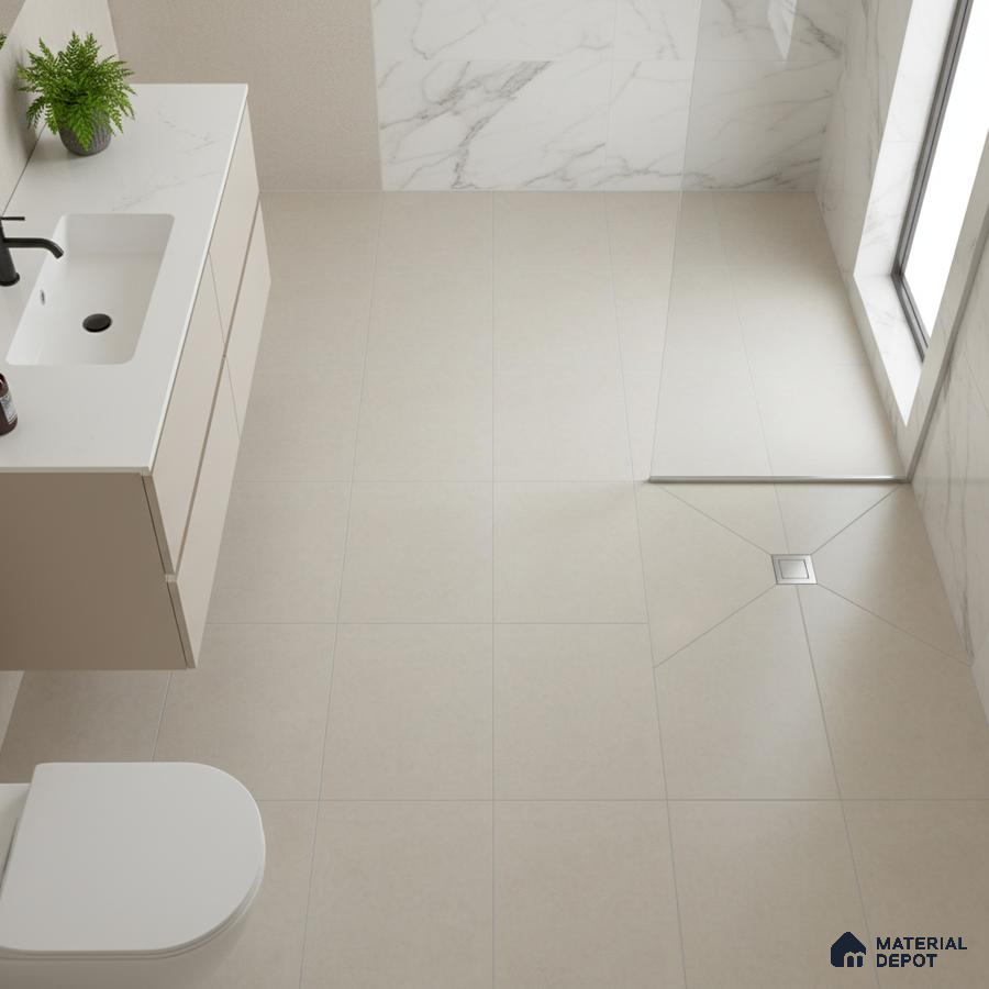 Minimalist bathroom with beige floor tiles, marble wall tiles, and white quartz vanity countertop