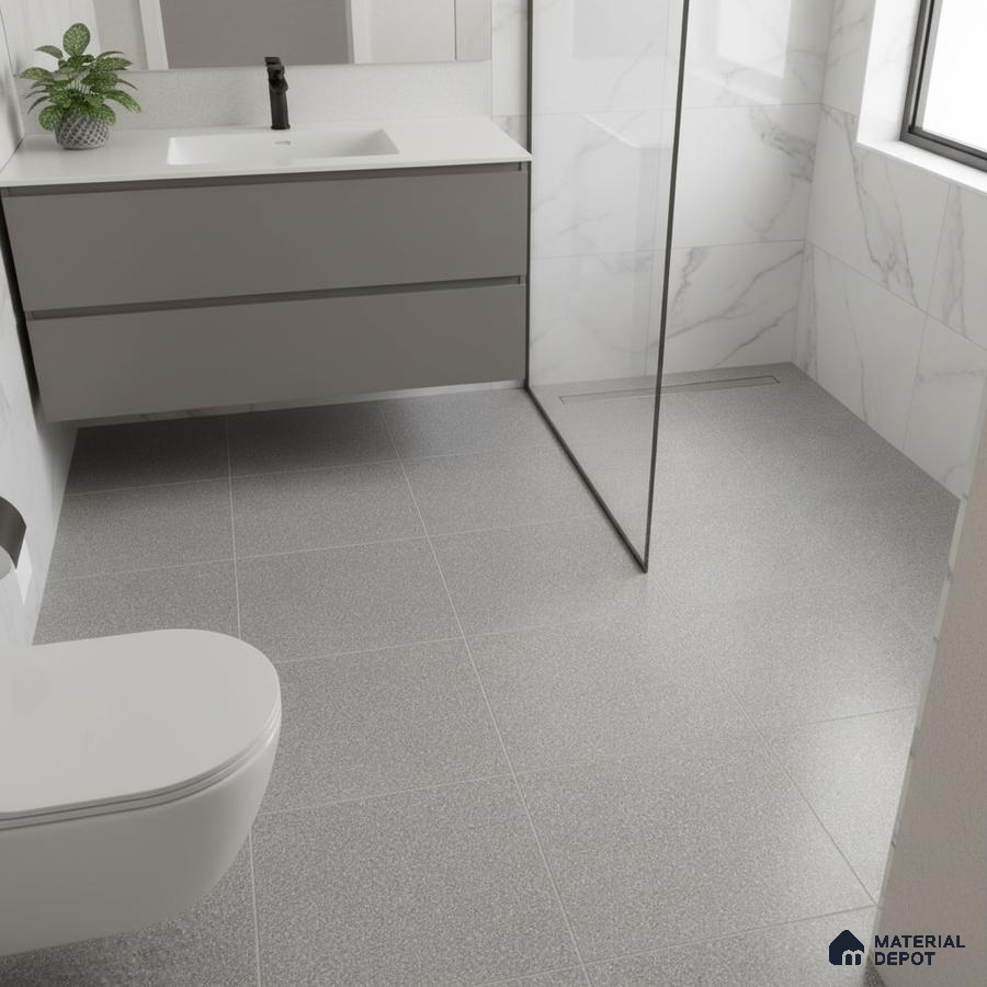 Minimalist bathroom with grey matte floor tiles, marble-look wall tiles, and floating taupe vanity