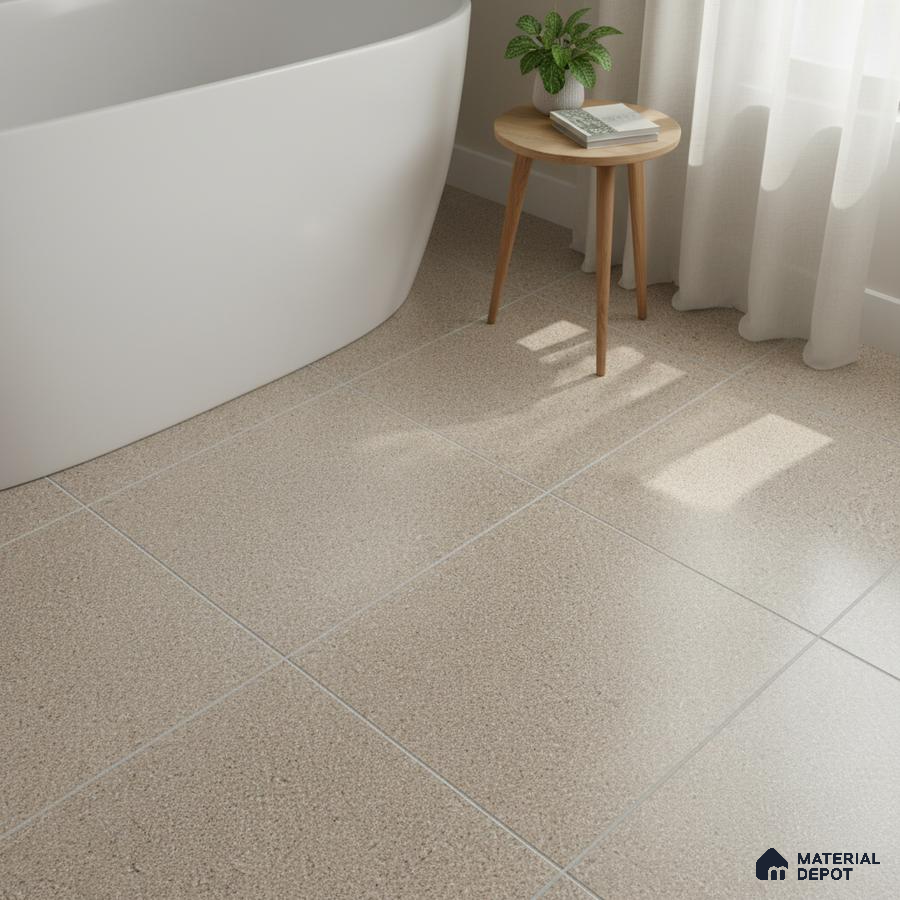 Minimalist bathroom with beige terrazzo floor tiles and freestanding tub