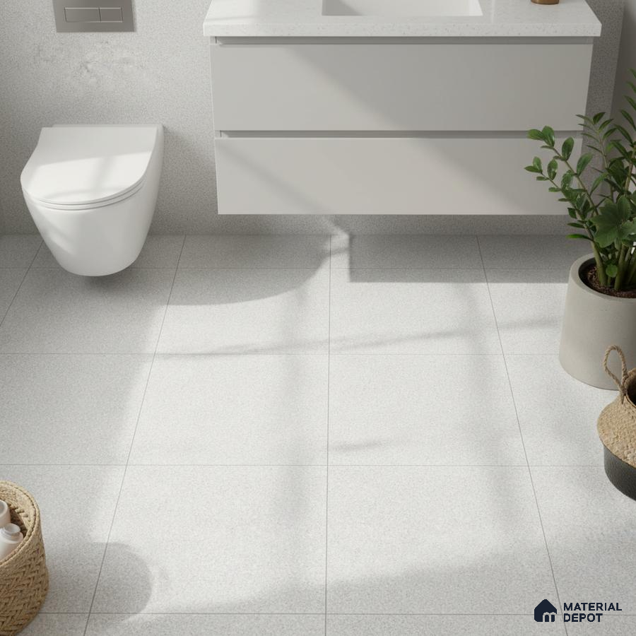Minimalist bathroom with frosty white wall tiles, matte white floating vanity, and light grey floor tiles