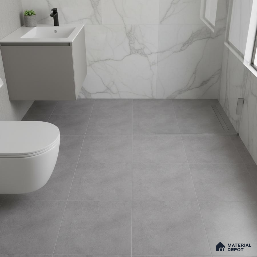 Minimalist bathroom with marble-look wall tiles and matte grey floor tiles