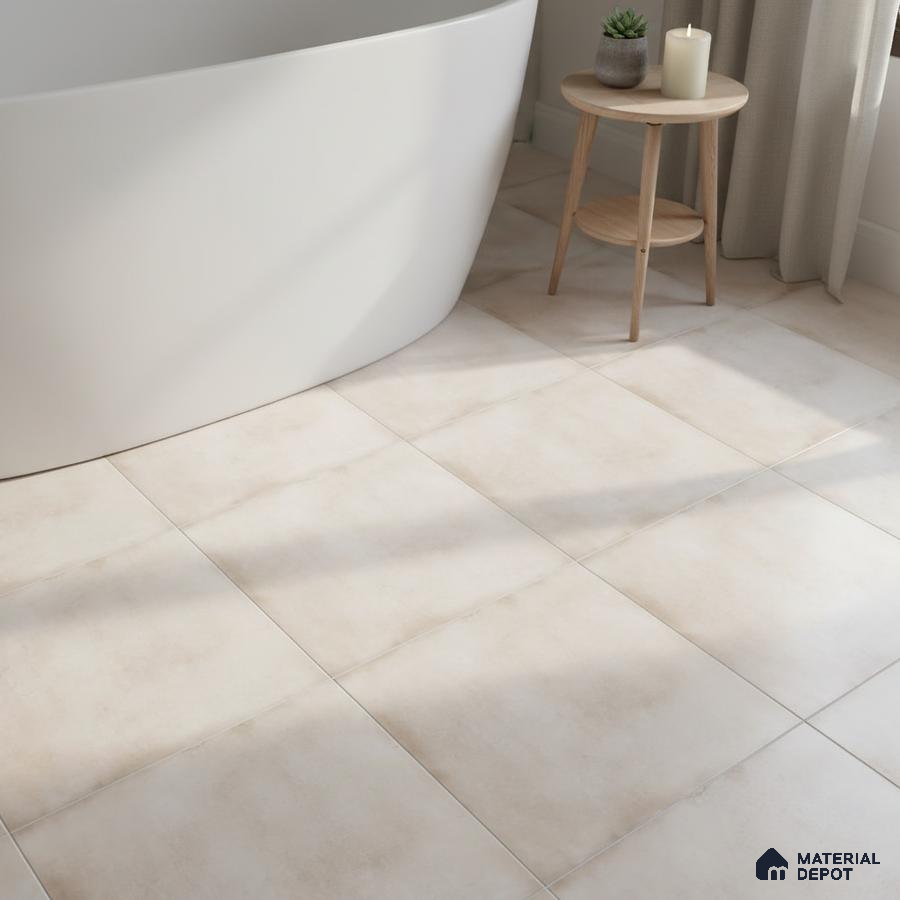 Minimalist bathroom with matte beige floor tiles and freestanding tub