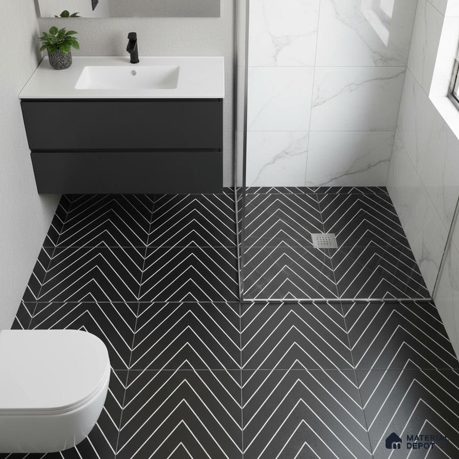 Modern bathroom with black chevron floor tiles and white marble wall tiles