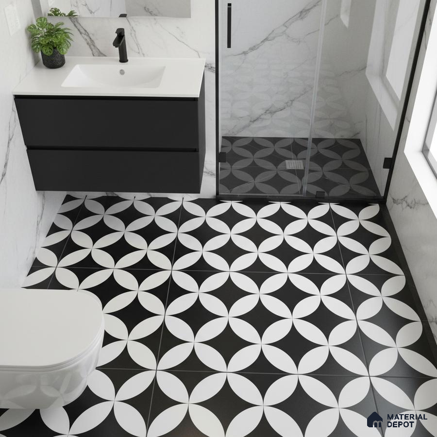 Modern bathroom with black-and-white geometric floor tiles and marble-look wall tiles