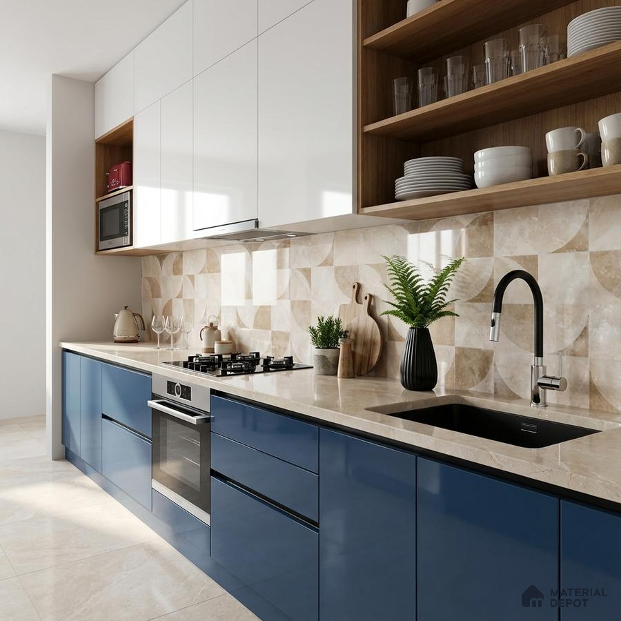 Modern kitchen with blue high gloss laminate, white solid laminate, beige geometric backsplash tile, and quartz countertop
