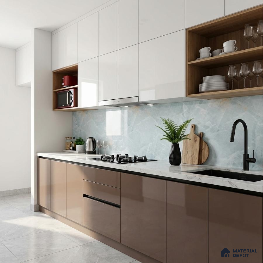 Modern kitchen with glossy beige and white laminate, marble-look backsplash, and white quartz countertop