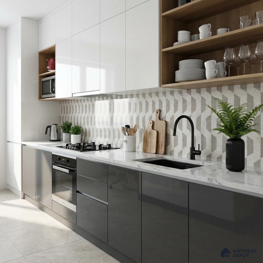 Modern kitchen with white and grey high gloss laminate, quartz countertop, and geometric backsplash tile