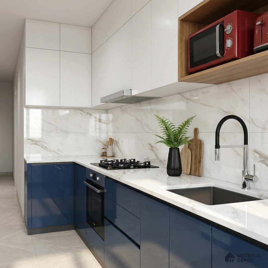 Modern dual tone kitchen with navy blue high gloss laminate, frosty white laminate, and marble-look backsplash tile