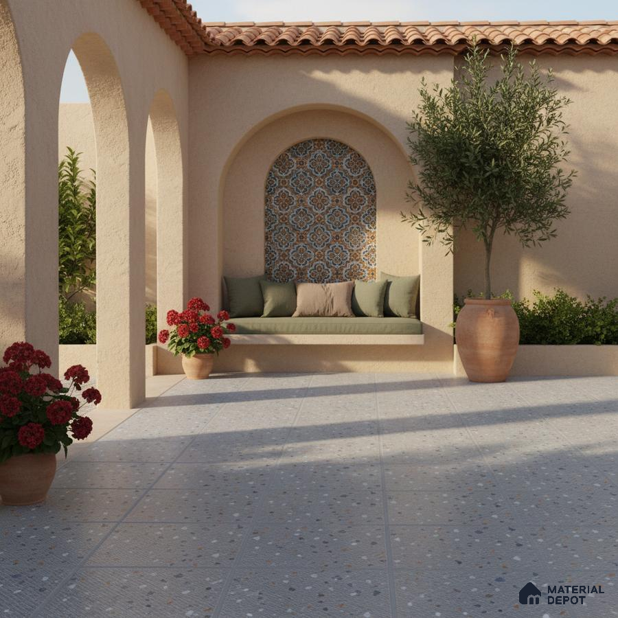 Mediterranean outdoor patio with patterned moroccan wall tile and terrazzo floor tile