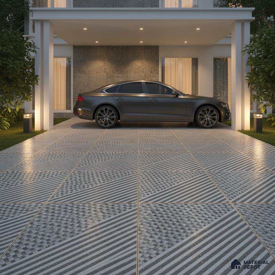 Modern parking with geometric grey and white patterned anti-skid floor tiles
