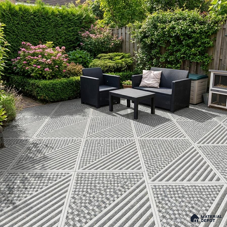 Modern outdoor patio with geometric patterned grey and white floor tiles