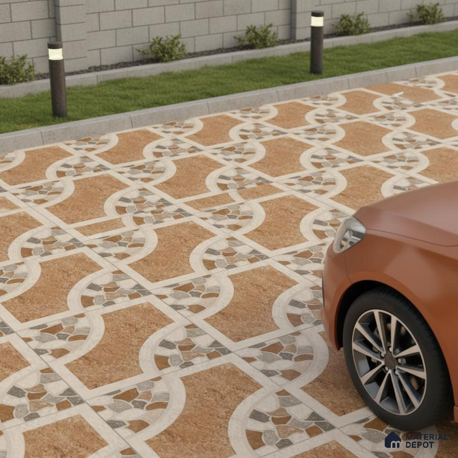 Modern parking with terracotta and beige geometric patterned outdoor floor tiles
