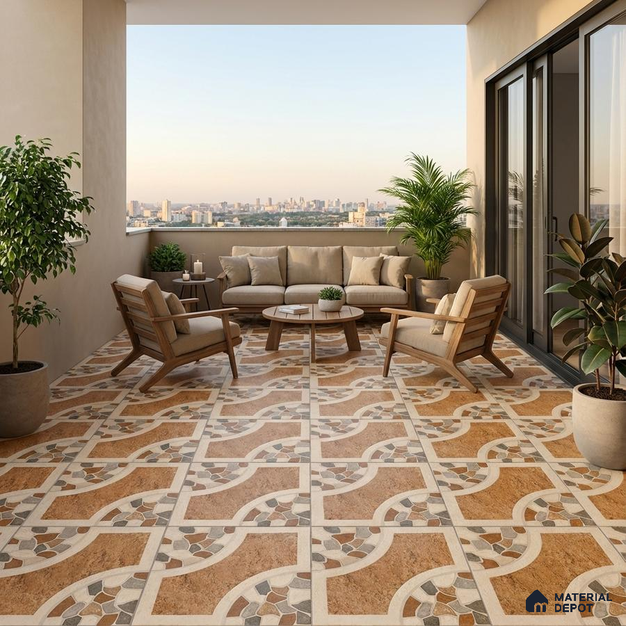 Modern balcony with geometric patterned terracotta floor tiles and wooden outdoor furniture