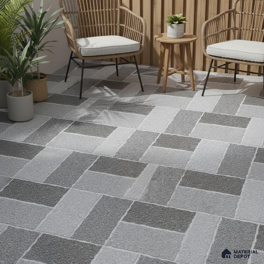 Scandinavian balcony with grey geometric textured floor tiles and natural wood louver wall