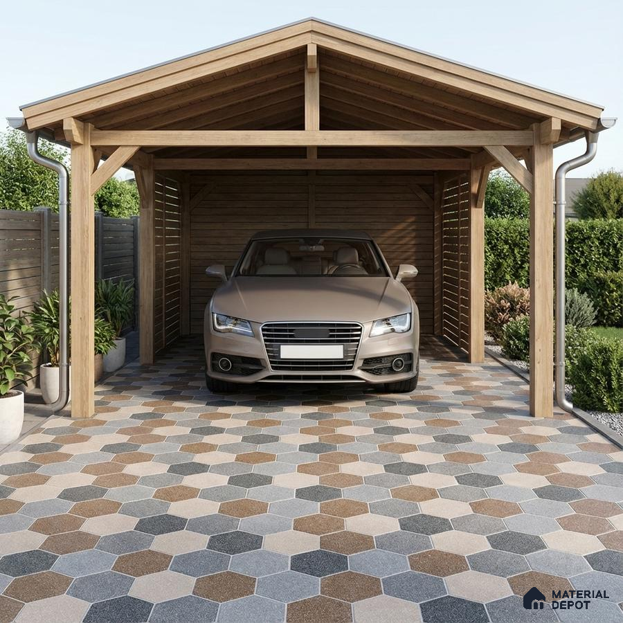 Modern parking with hexagonal multicolor outdoor tiles and natural wood carport structure