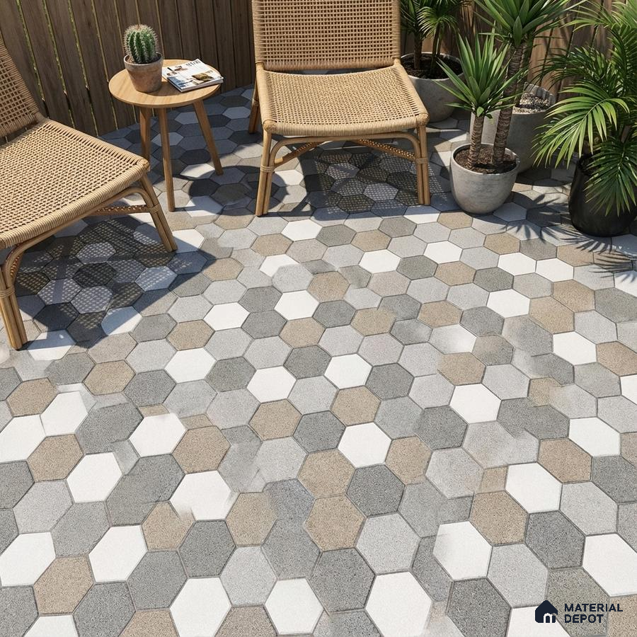 Scandinavian outdoor seating with beige and grey hexagonal floor tiles