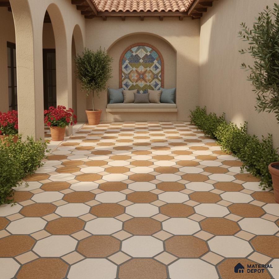 Mediterranean outdoor patio with terracotta roof, octagonal beige and tan floor tiles, and mosaic accent wall