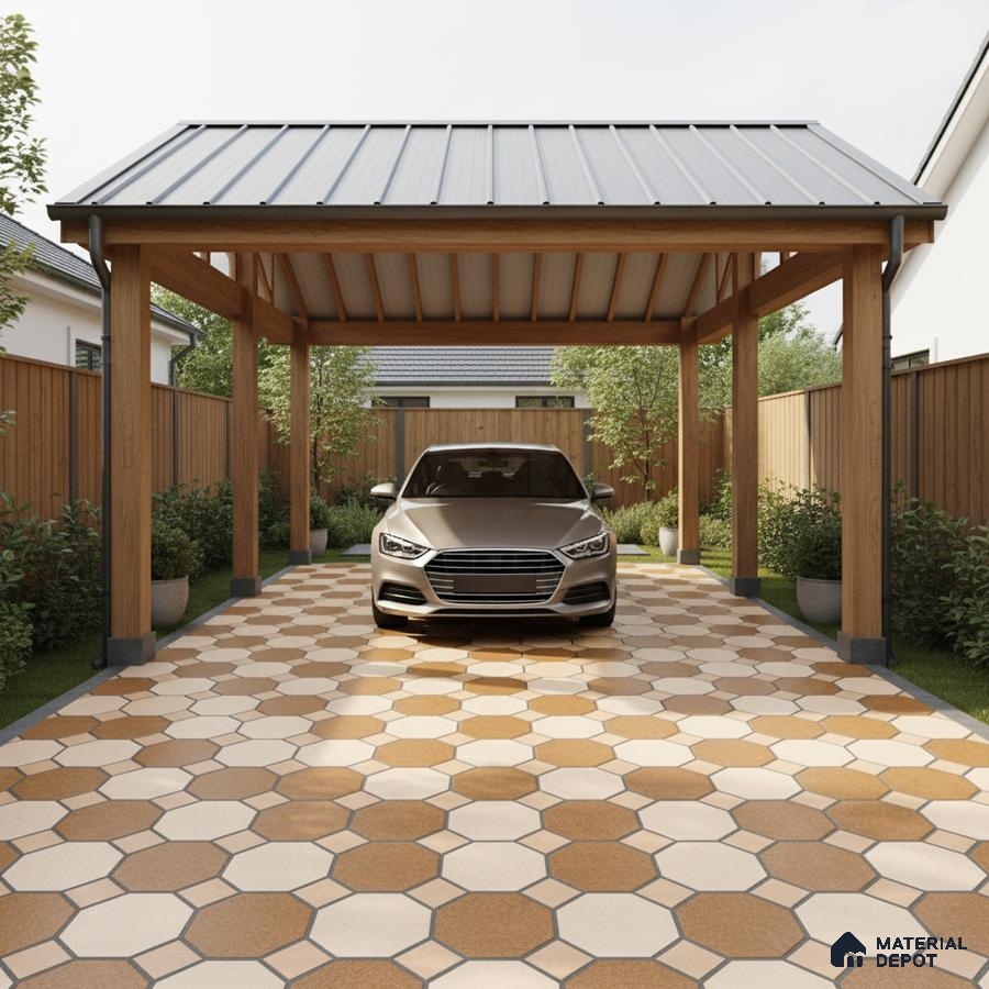 Modern parking with octagonal terracotta and cream outdoor floor tiles and wooden frame metal roof