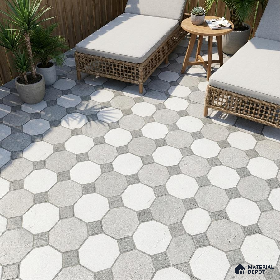 Modern outdoor space with grey and white octagonal floor tiles and rattan loungers