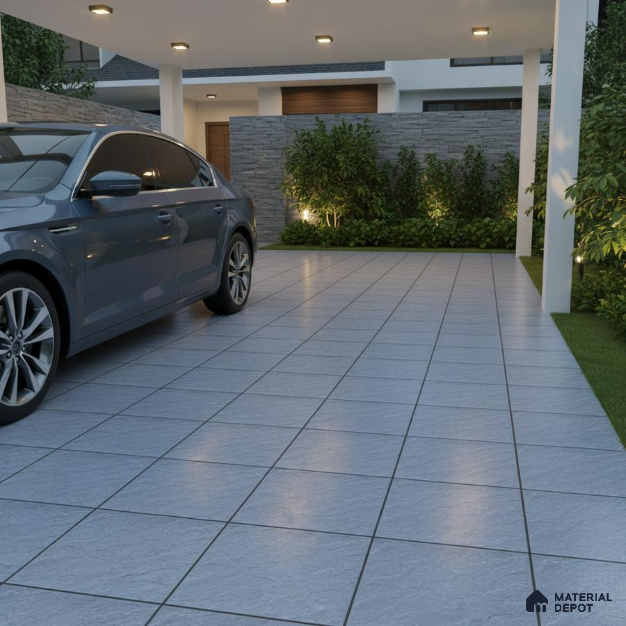 Modern parking with light grey stone-look floor tiles and textured stone cladding wall