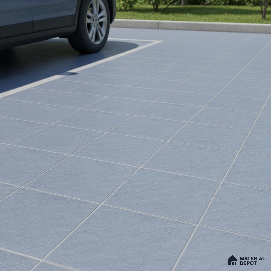 Modern parking area with matte blue-grey anti-skid floor tiles