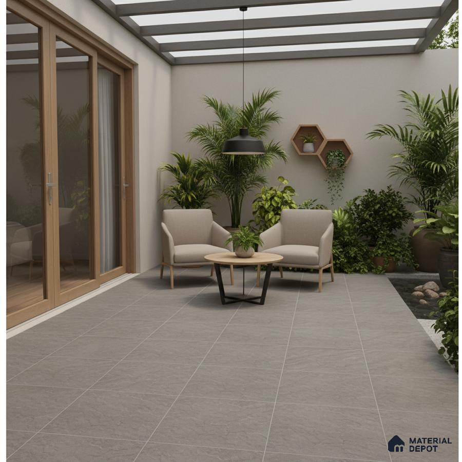 Modern outdoor patio with grey stone-look floor tiles and wooden framed glass doors