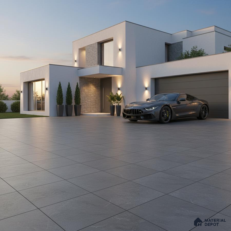 Modern parking with large format grey matte floor tiles and stone cladding accent wall